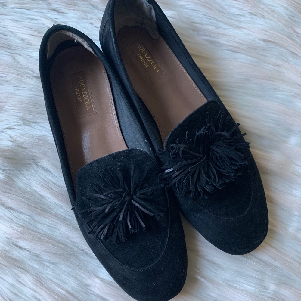Aquazzura Suede Fringed Pom Loafers - Black - Picture 2 of 9